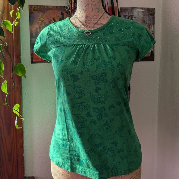 Butterfly Rhinestone Vintage Y2k Green Graphic tee - Picture 2 of 6